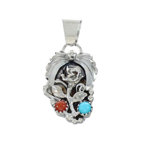 Genuine Navajo Indian Turquoise Coral Sterling Silver Pendant NX11573